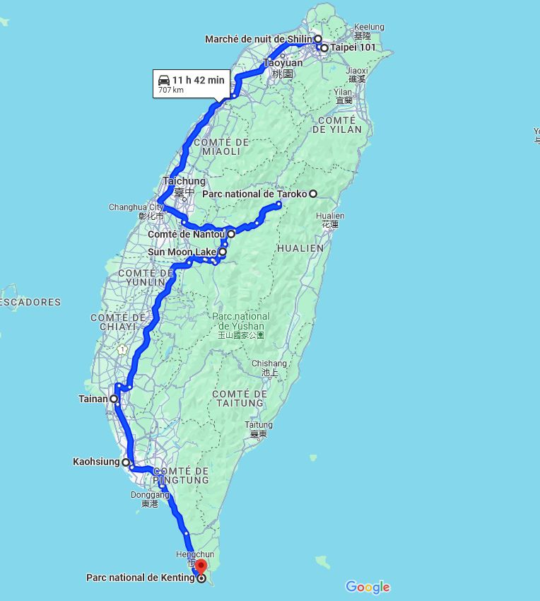 road trip à Taïwan carte